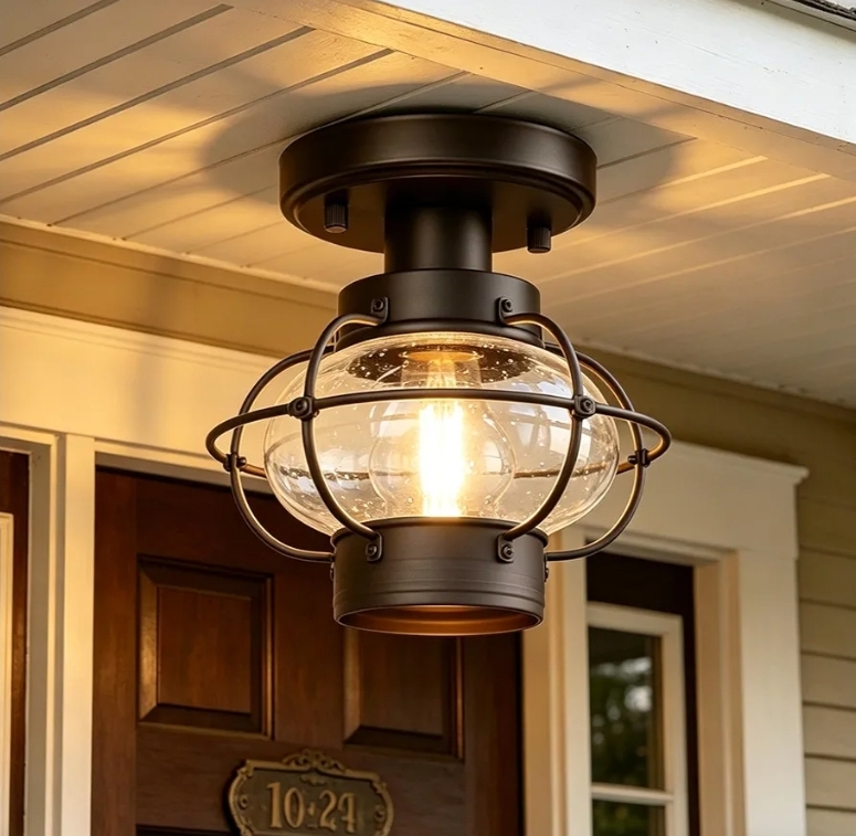 Porch Ceiling Light, Farmhouse Industrial Flush Mount, Glass Globe - Image 2