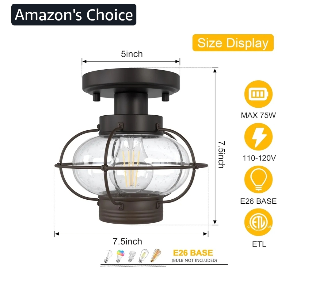 Porch Ceiling Light, Farmhouse Industrial Flush Mount, Glass Globe - Image 3