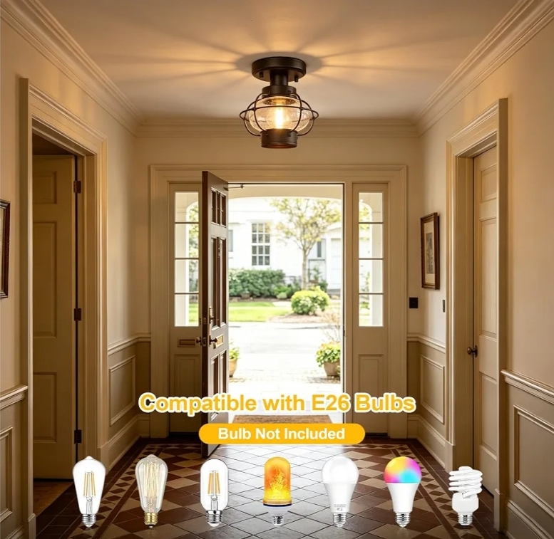 Porch Ceiling Light, Farmhouse Industrial Flush Mount, Glass Globe - Image 9