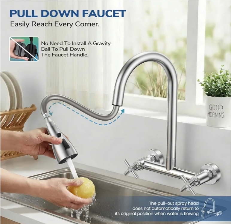 Wall Mount Kitchen Faucet with Pull Down Sprayer, Brushed Nickel - Image 4