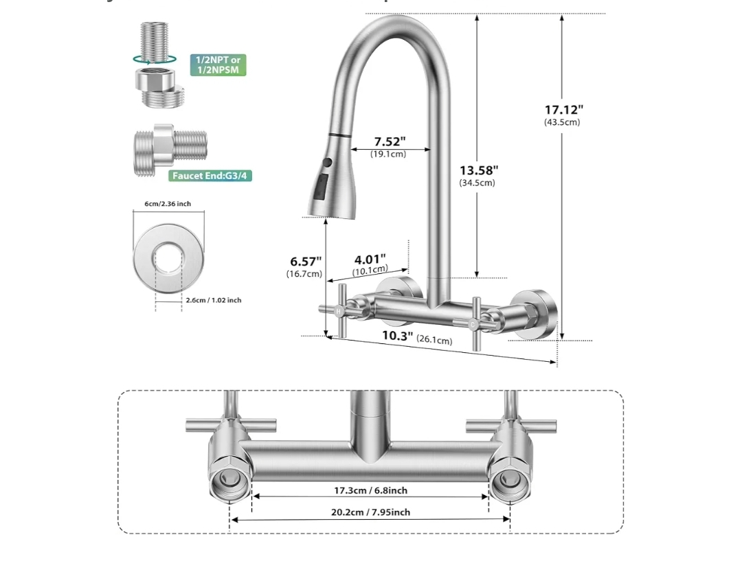 Wall Mount Kitchen Faucet with Pull Down Sprayer, Brushed Nickel - Image 5