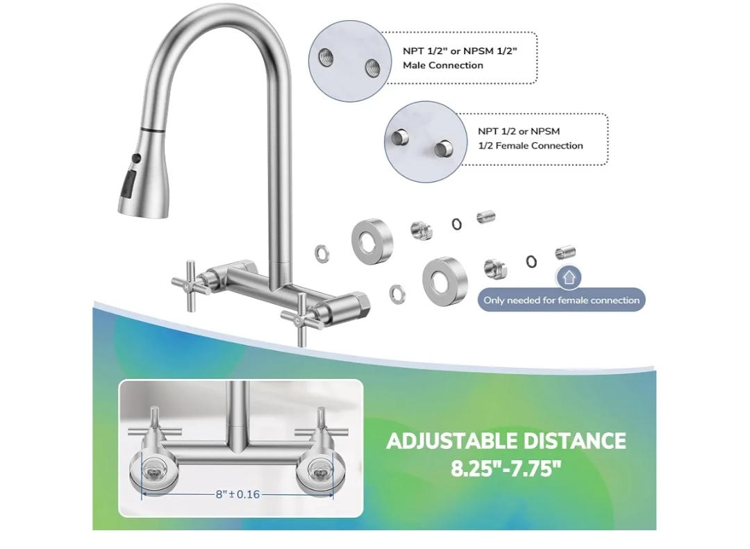 Wall Mount Kitchen Faucet with Pull Down Sprayer, Brushed Nickel - Image 6