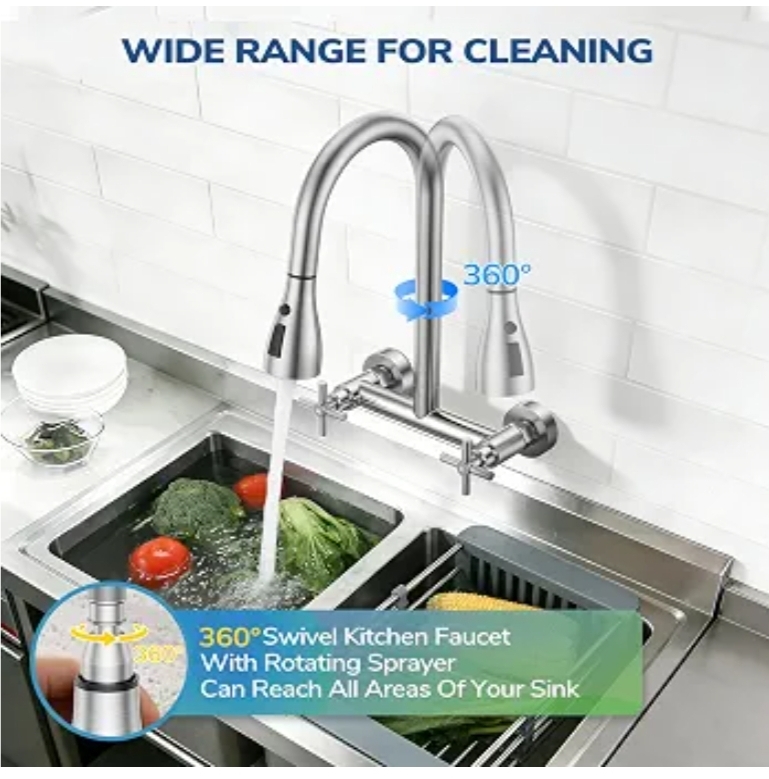 Wall Mount Kitchen Faucet with Pull Down Sprayer, Brushed Nickel - Image 9
