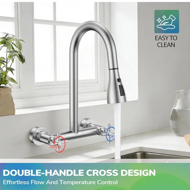 Wall Mount Kitchen Faucet with Pull Down Sprayer, Brushed Nickel - Image 10