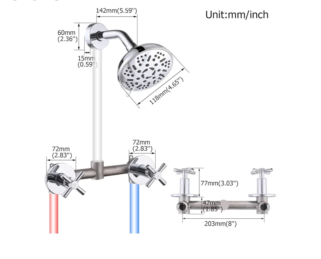 2 Handles Shower Faucet Set with Rough-in Valve, Wall Mount, Chrome - Image 5