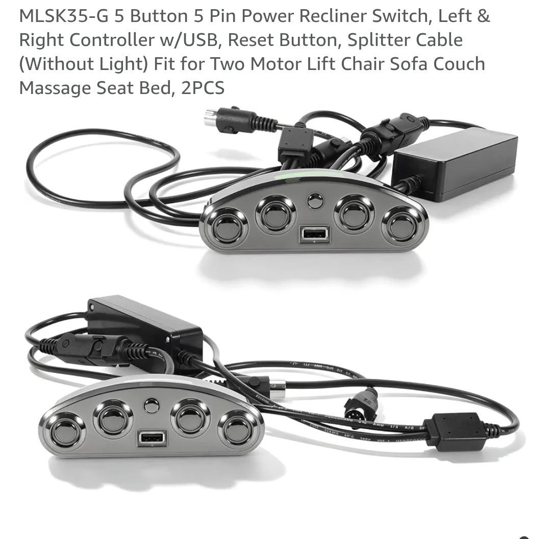 2pk MLSK35-G 5 Button 5 Pin Power Recliner Switch, Left & Right Controller w/USB, Reset Button, Splitter Cable