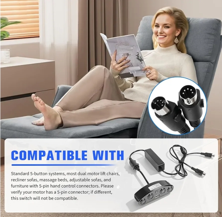 2pk MLSK35-G 5 Button 5 Pin Power Recliner Switch, Left & Right Controller w/USB, Reset Button, Splitter Cable - Image 4