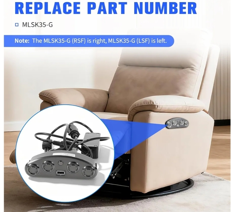 2pk MLSK35-G 5 Button 5 Pin Power Recliner Switch, Left & Right Controller w/USB, Reset Button, Splitter Cable - Image 5