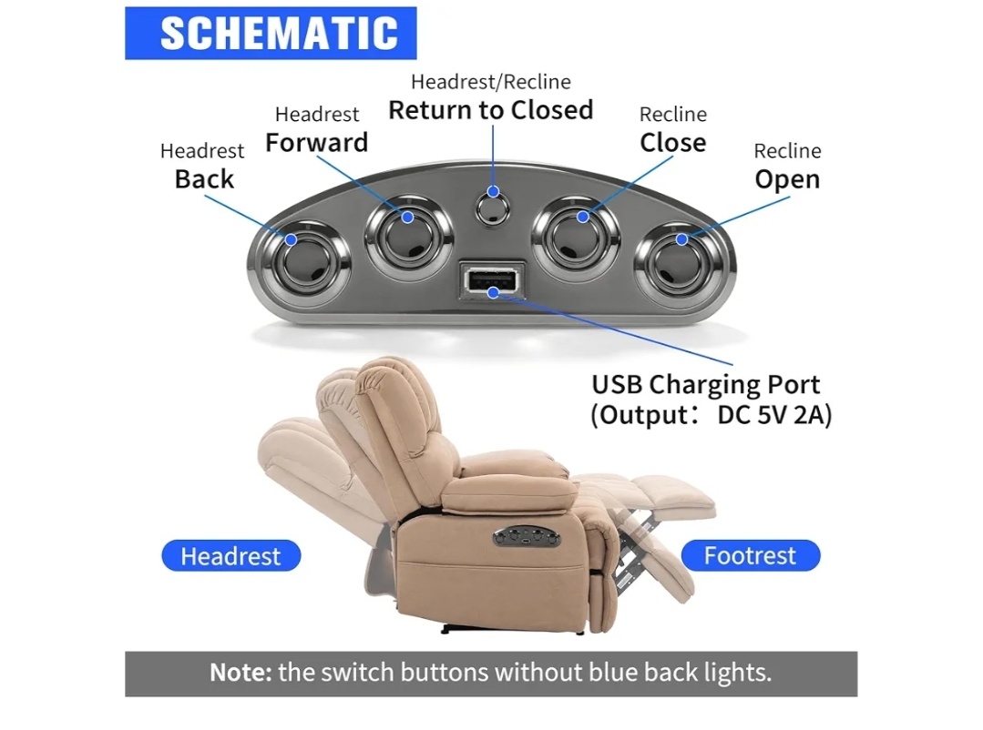2pk MLSK35-G 5 Button 5 Pin Power Recliner Switch, Left & Right Controller w/USB, Reset Button, Splitter Cable - Image 6