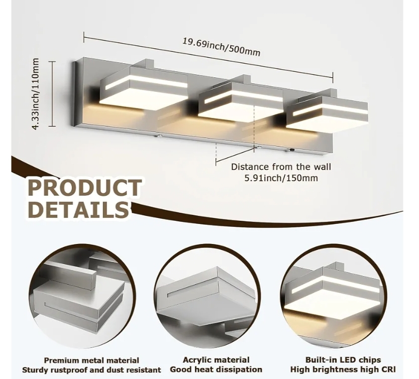 Brushed Nickel Vanity Lights for Bathroom Light Fixtures (3-Light, 19.69-Inch) - Image 7