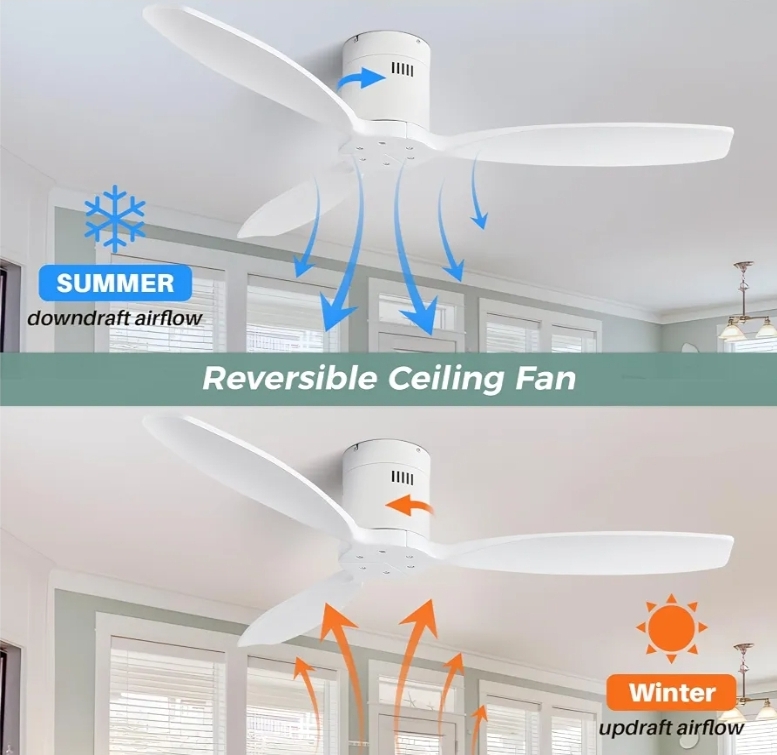 52'' Low Profile Ceiling Fan Remote Control without Lights, Wood Flush Mount White Ceiling Fan - Image 5
