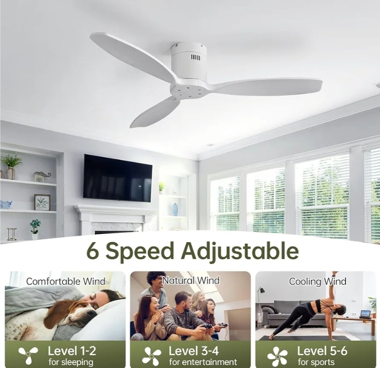 52'' Low Profile Ceiling Fan Remote Control without Lights, Wood Flush Mount White Ceiling Fan - Image 7