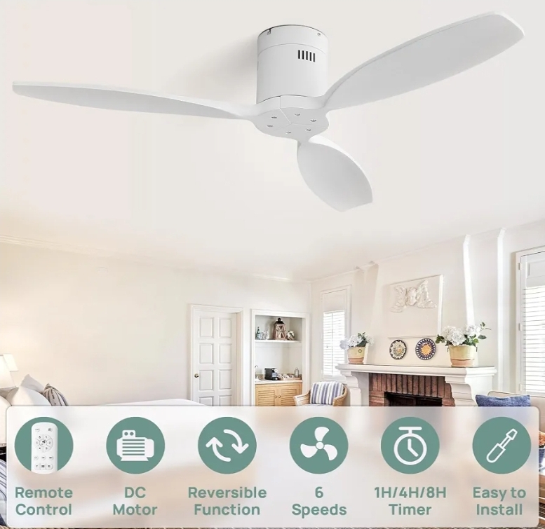 52'' Low Profile Ceiling Fan Remote Control without Lights, Wood Flush Mount White Ceiling Fan - Image 8