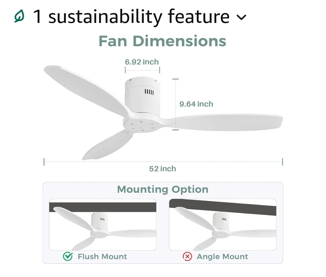 52'' Low Profile Ceiling Fan Remote Control without Lights, Wood Flush Mount White Ceiling Fan - Image 9