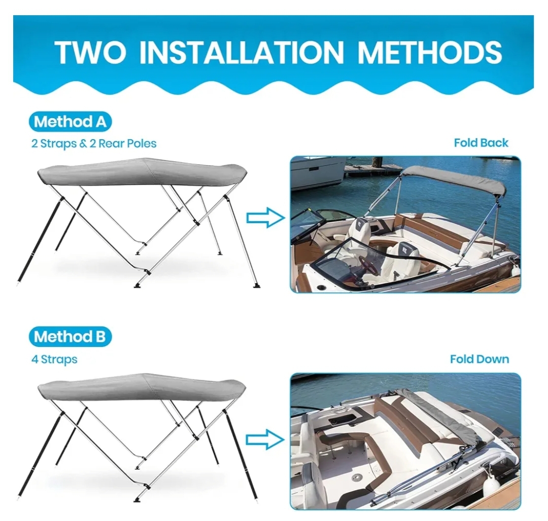 Naviskin 3 Bow & 4 Bow Bimini Top for Boats, 3 Bow 6'L x 46" H x 54"-60" W, Light Gray - Image 7