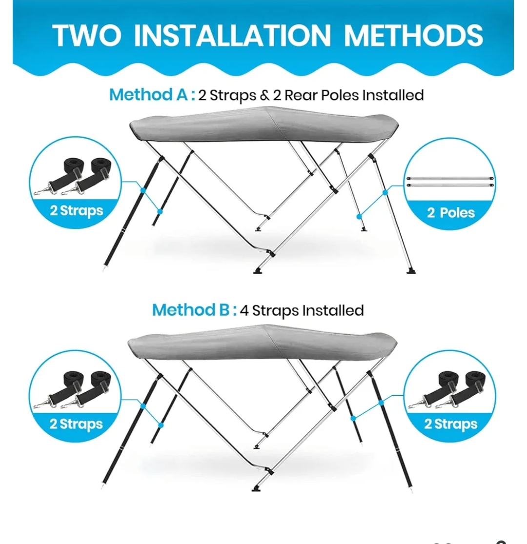 Naviskin 3 Bow & 4 Bow Bimini Top for Boats, 3 Bow 6'L x 46" H x 54"-60" W, Light Gray - Image 11
