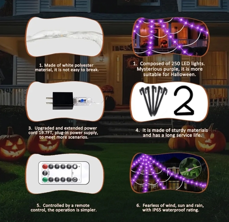 Halloween Decorations Outdoor, Spider Web Lights 250 LED Lighted Spider Web 16.4Ft Giant Halloween Decorations - Image 8