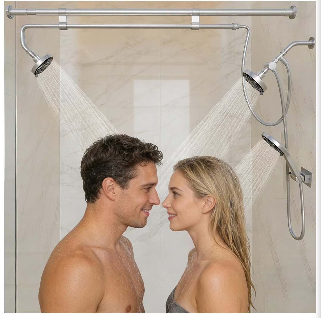 Dual Shower Head Combo (43-78.7" Adjustable), High Pressure 3-Way Diverter Tandem Shower System for Two, Brushed Silver
