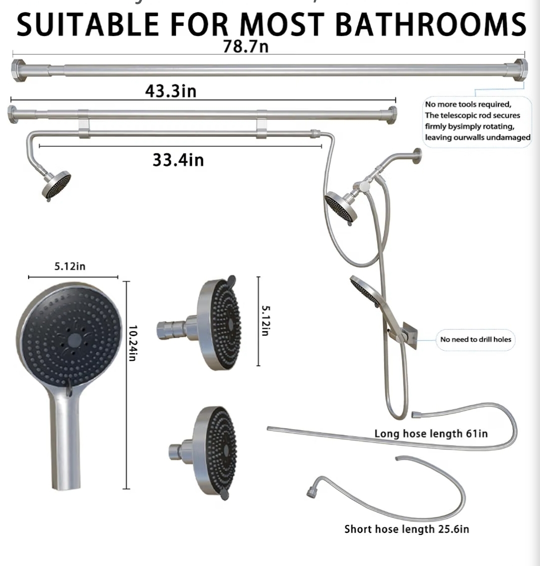 Dual Shower Head Combo (43-78.7" Adjustable), High Pressure 3-Way Diverter Tandem Shower System for Two, Brushed Silver - Image 4