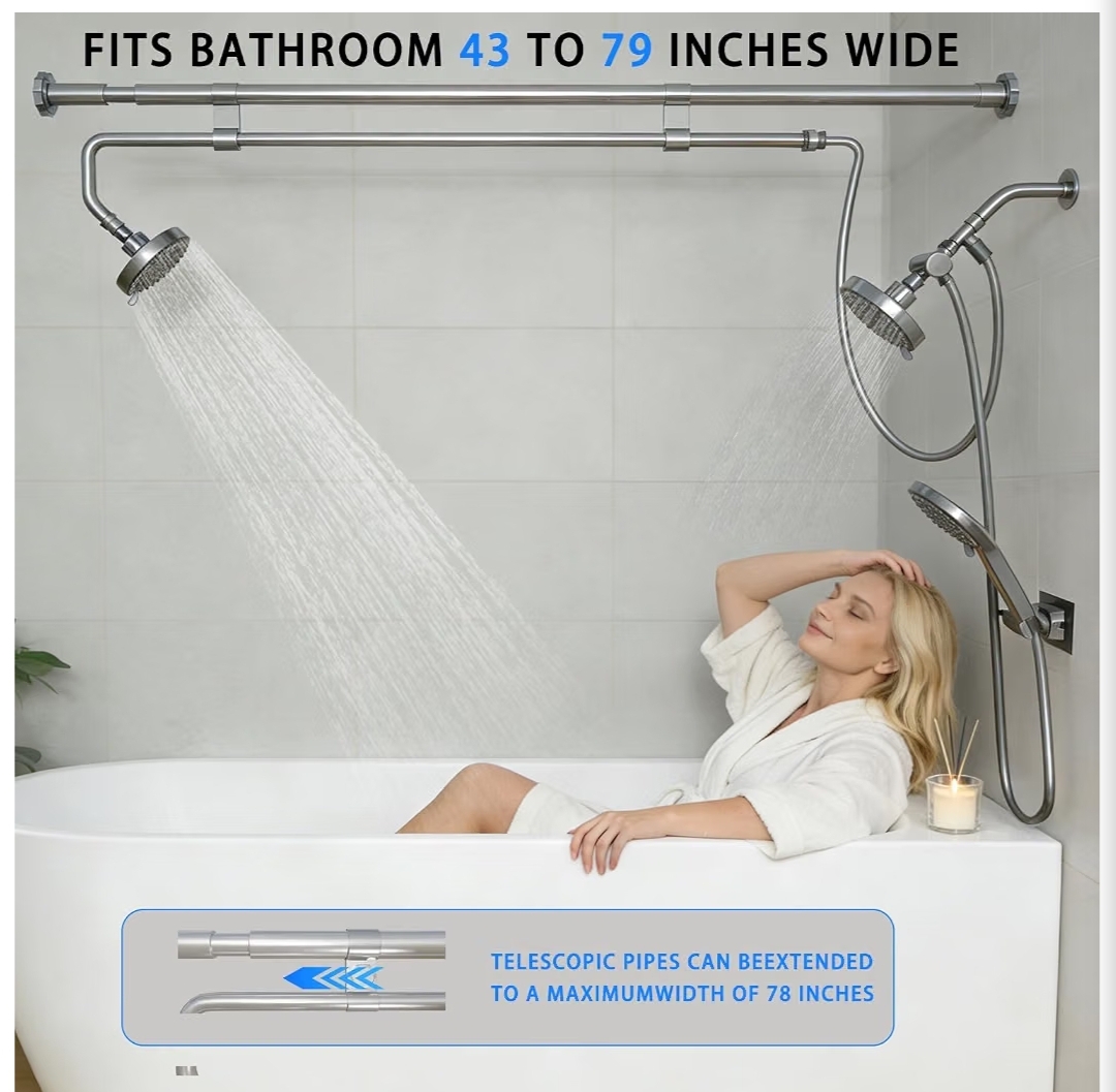 Dual Shower Head Combo (43-78.7" Adjustable), High Pressure 3-Way Diverter Tandem Shower System for Two, Brushed Silver - Image 5