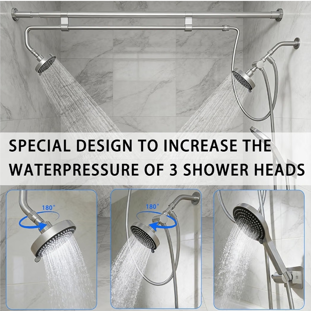 Dual Shower Head Combo (43-78.7" Adjustable), High Pressure 3-Way Diverter Tandem Shower System for Two, Brushed Silver - Image 6