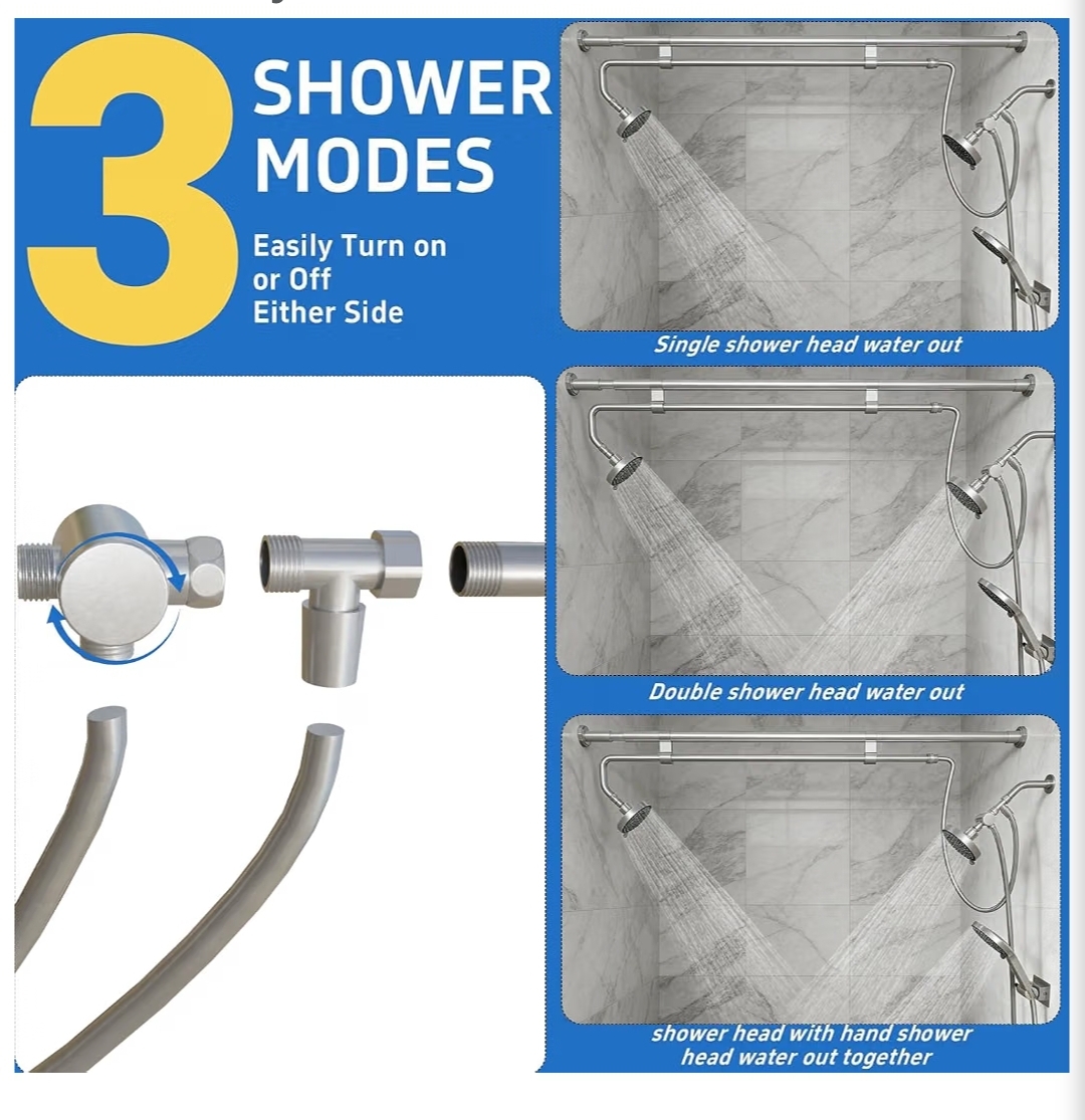 Dual Shower Head Combo (43-78.7" Adjustable), High Pressure 3-Way Diverter Tandem Shower System for Two, Brushed Silver - Image 7