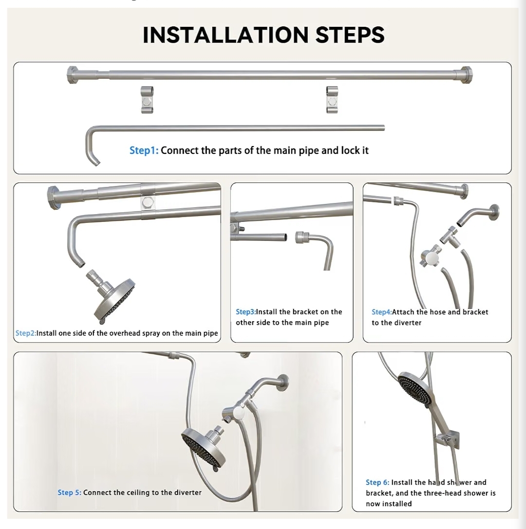 Dual Shower Head Combo (43-78.7" Adjustable), High Pressure 3-Way Diverter Tandem Shower System for Two, Brushed Silver - Image 9