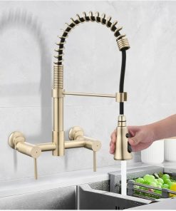 2 Handle Wall Mount Faucet for Kitchen Sink, Brushed Golden