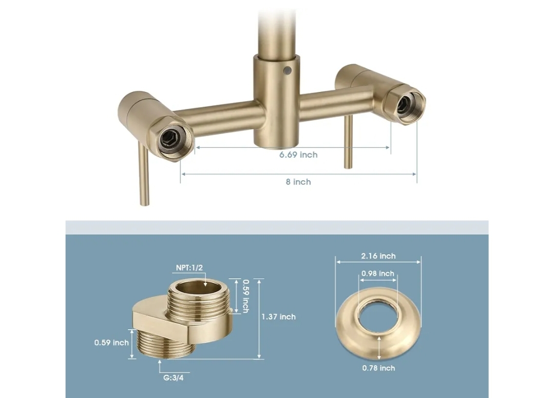 2 Handle Wall Mount Faucet for Kitchen Sink, Brushed Golden - Image 9