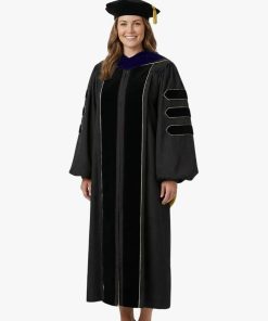 Doctoral Regalia Set with PhD Hood and 8-Side Tam Graduation Gown with Gold Piping and Velvet Trim Ceremony Attire, (5'6-5'8)