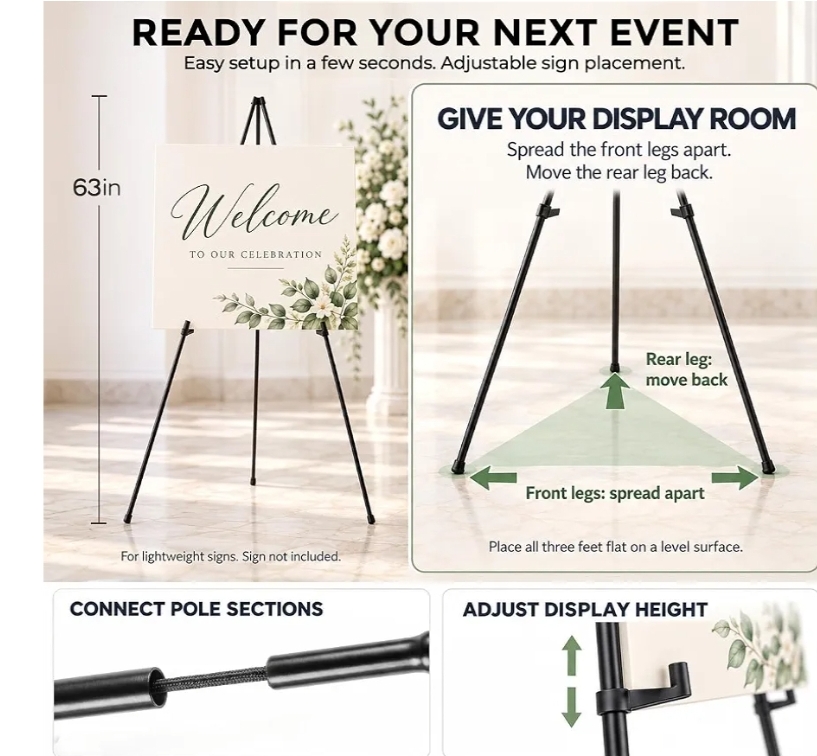 8 Pack 63" Easel Stand for Sign, Black, with Carry Bags - Image 8