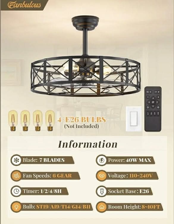 23 Inch Fandelier Caged Ceiling Fans with Lights and Remote, Black Bladeless Ceiling Fan with 6 Speeds and Timing - Image 6