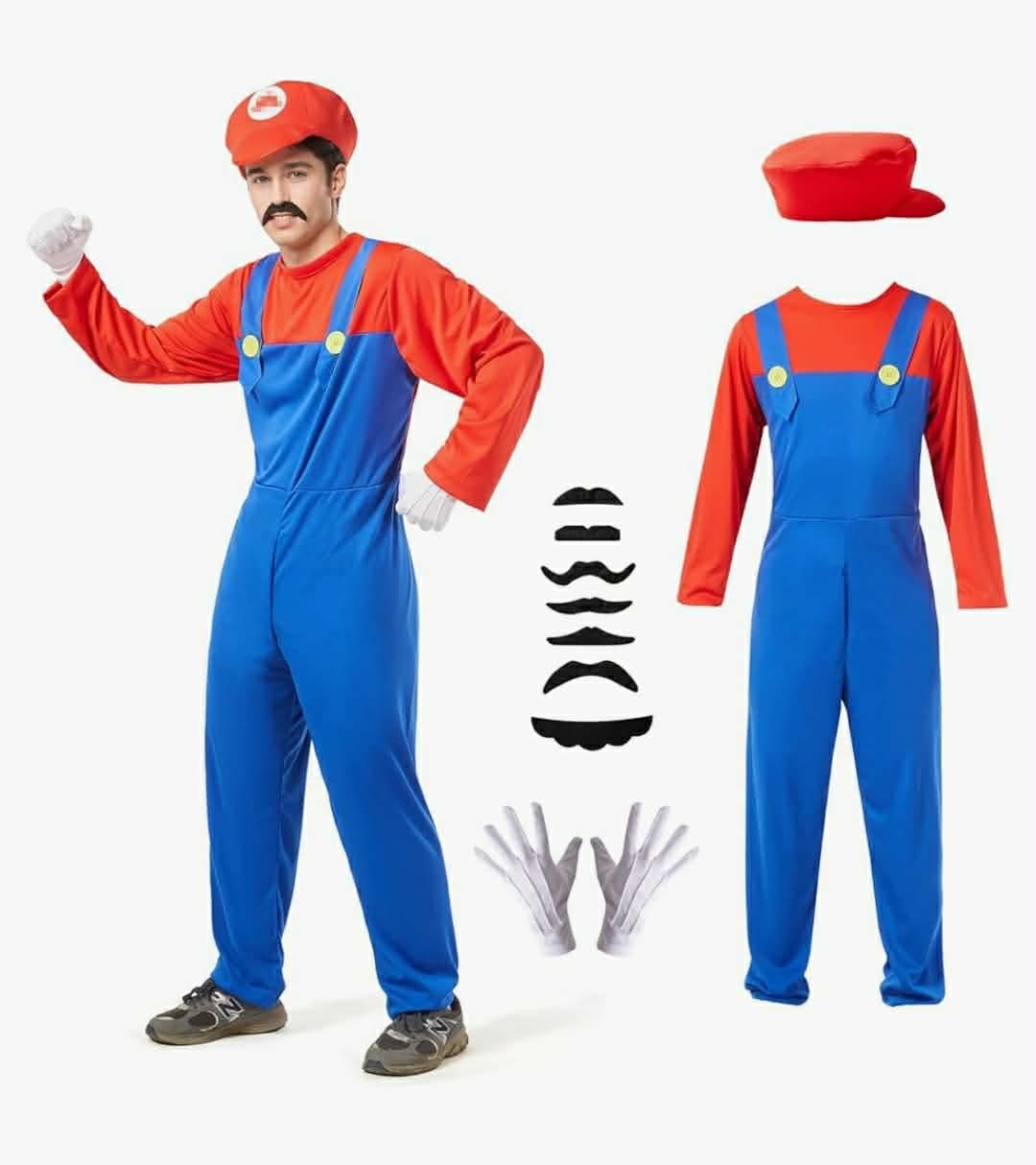 Plumber Jumpsuit Cosplay Costume with Hat Gloves Moustache Accessories Set, Small- Mario