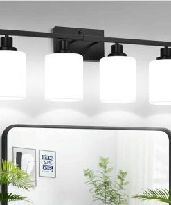 4-Light Bathroom Light Fixtures, Vanity Light with Milky White Shades, Matte Black