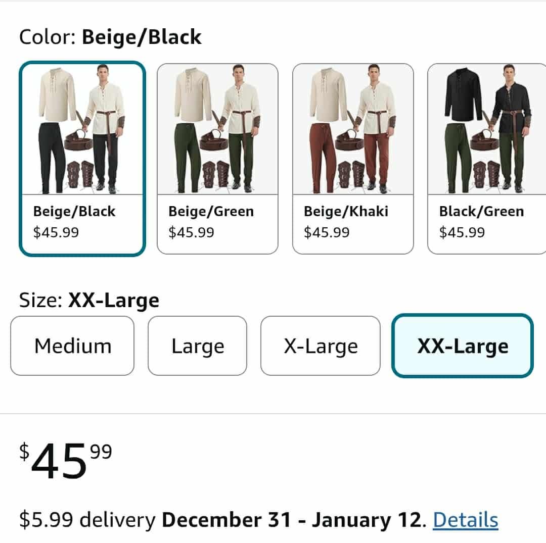 Medieval Pirate Shirt and Pants Viking Costume Accessory Set, 2XL - Image 2