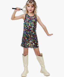 Girls Sequin Dress Sparkly Sleeveless Costume Prom Concert Party Outfit with Glitter Microphone Prop, Large