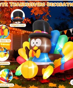 Alternative view of 6FT Thanksgiving Inflatables Turkey Decorations with Hat & Colorful Tail, Built-in LED Lights Blow up Turkey Inflatable Fall Holiday