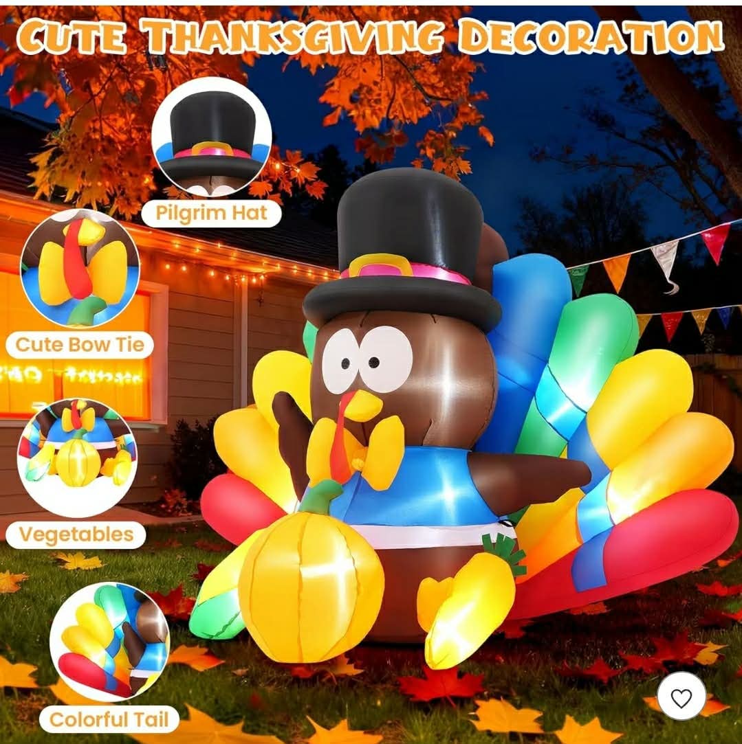 6FT Thanksgiving Inflatables Turkey Decorations with Hat & Colorful Tail, Built-in LED Lights Blow up Turkey Inflatable Fall Holiday - Image 2