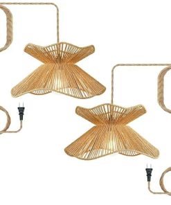 2pk Bohemian Rattan Chandelier 19.7" Wide | Farmhouse Hemp Rope Braided Hanging Fixture, (Brown, 2 Pcs-15.7"-Plug in)