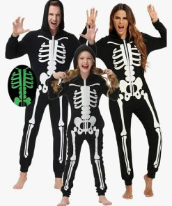 Skeleton Glow in Dark Jumpsuit Halloween Hooded One-Piece Zipper PJS Family Jammies, Large