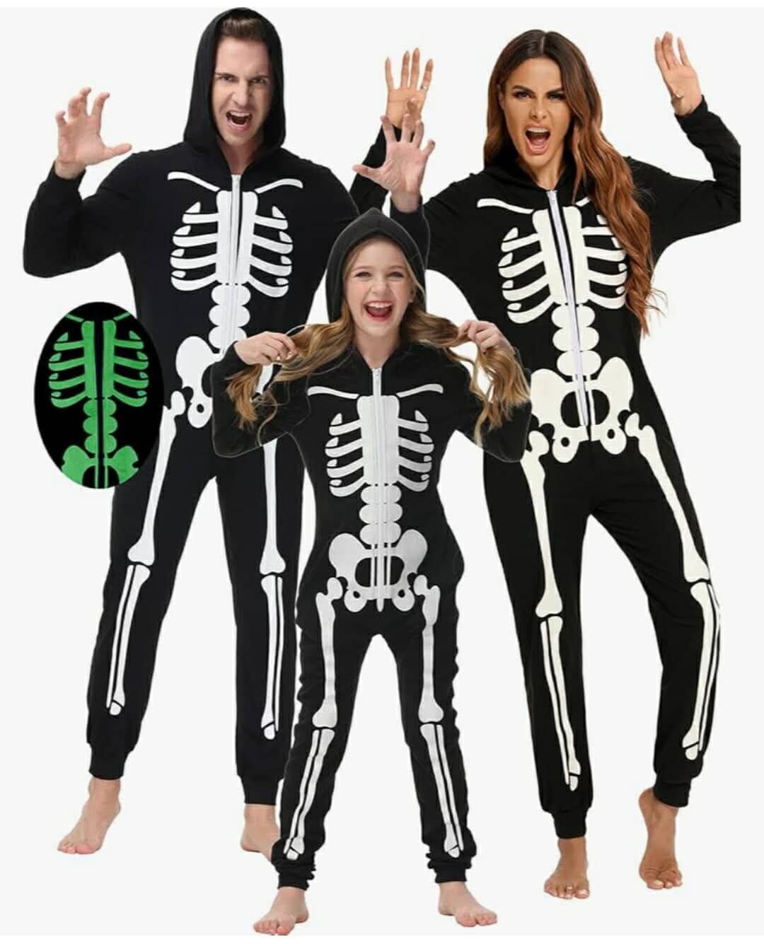 Skeleton Glow in Dark Jumpsuit Halloween Hooded One-Piece Zipper PJS Family Jammies, Large