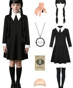 Black Dress Costume for Girls with Wig Necklace Hairpin for Halloween Costume Dress Up, 9-10yr- Wednesday