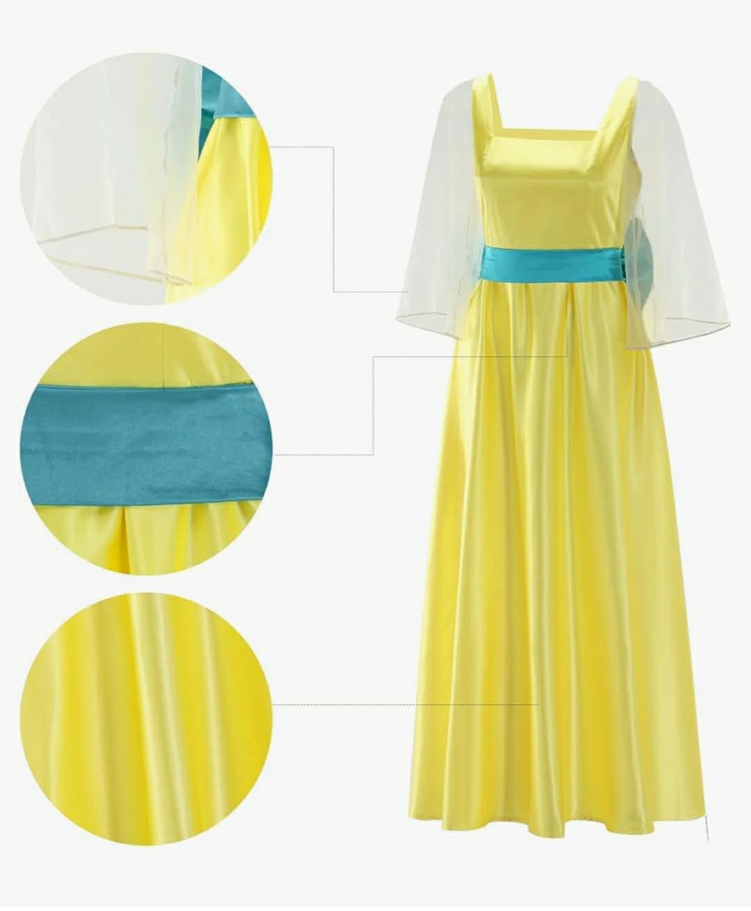 Women Princess Dress Long Sleeve Yellow Gown Necklace Headwear Halloween Cosplay Costume Outfit, Medium - Image 6