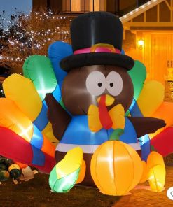 6FT Thanksgiving Inflatables Turkey Decorations with Hat & Colorful Tail, Built-in LED Lights Blow up Turkey Inflatable Fall Holiday