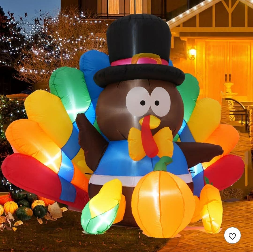 6FT Thanksgiving Inflatables Turkey Decorations with Hat & Colorful Tail, Built-in LED Lights Blow up Turkey Inflatable Fall Holiday