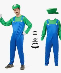 Plumber Jumpsuit Cosplay Costume with Hat Gloves Moustache Accessories Set, Large- Luigi