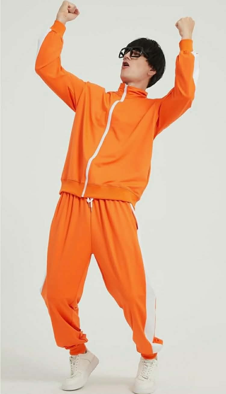 Adult Halloween Costumes for Men, Family Orange Zip-Up Tracksuit with Black Wig Cap & Glasses, XL - Image 5
