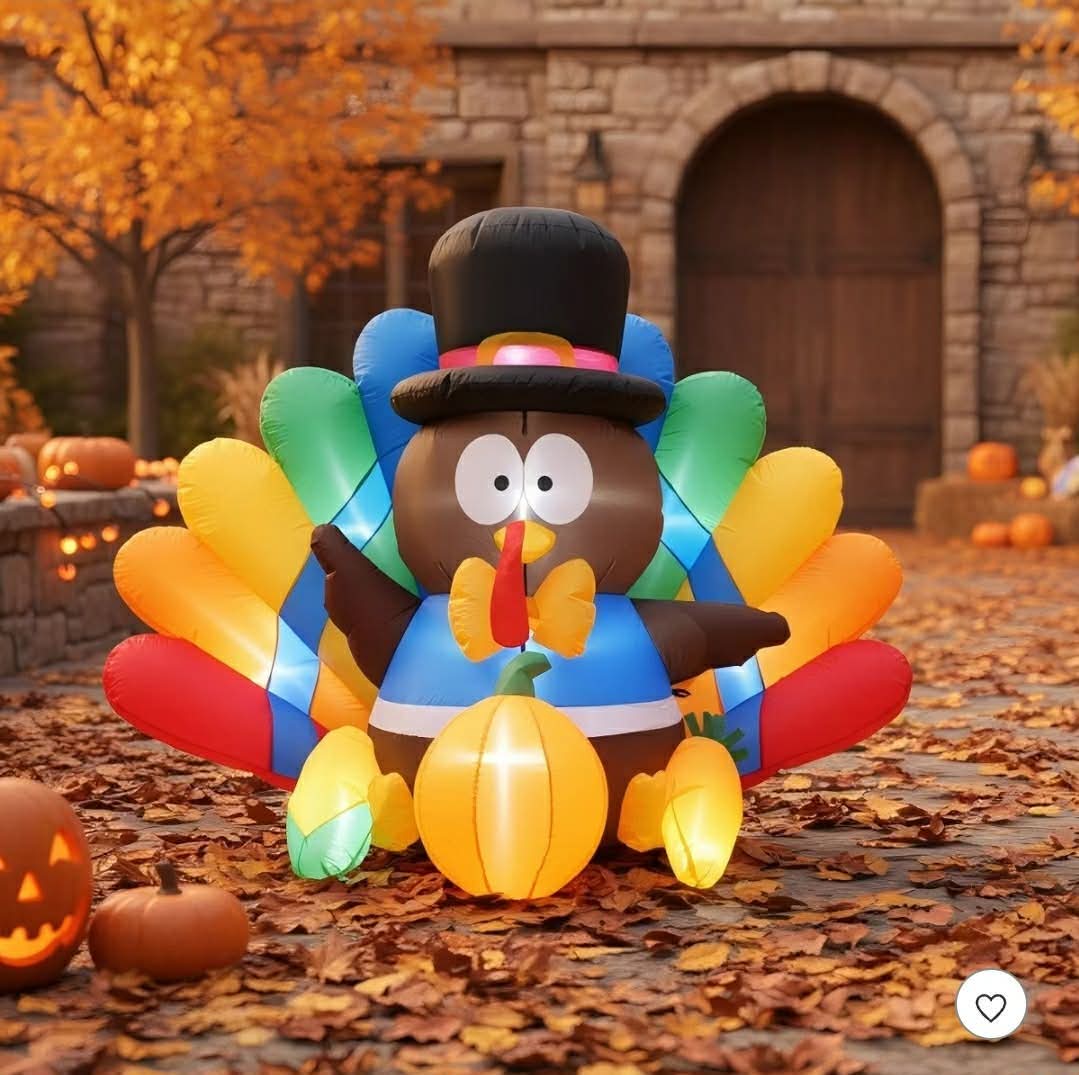 6FT Thanksgiving Inflatables Turkey Decorations with Hat & Colorful Tail, Built-in LED Lights Blow up Turkey Inflatable Fall Holiday - Image 8