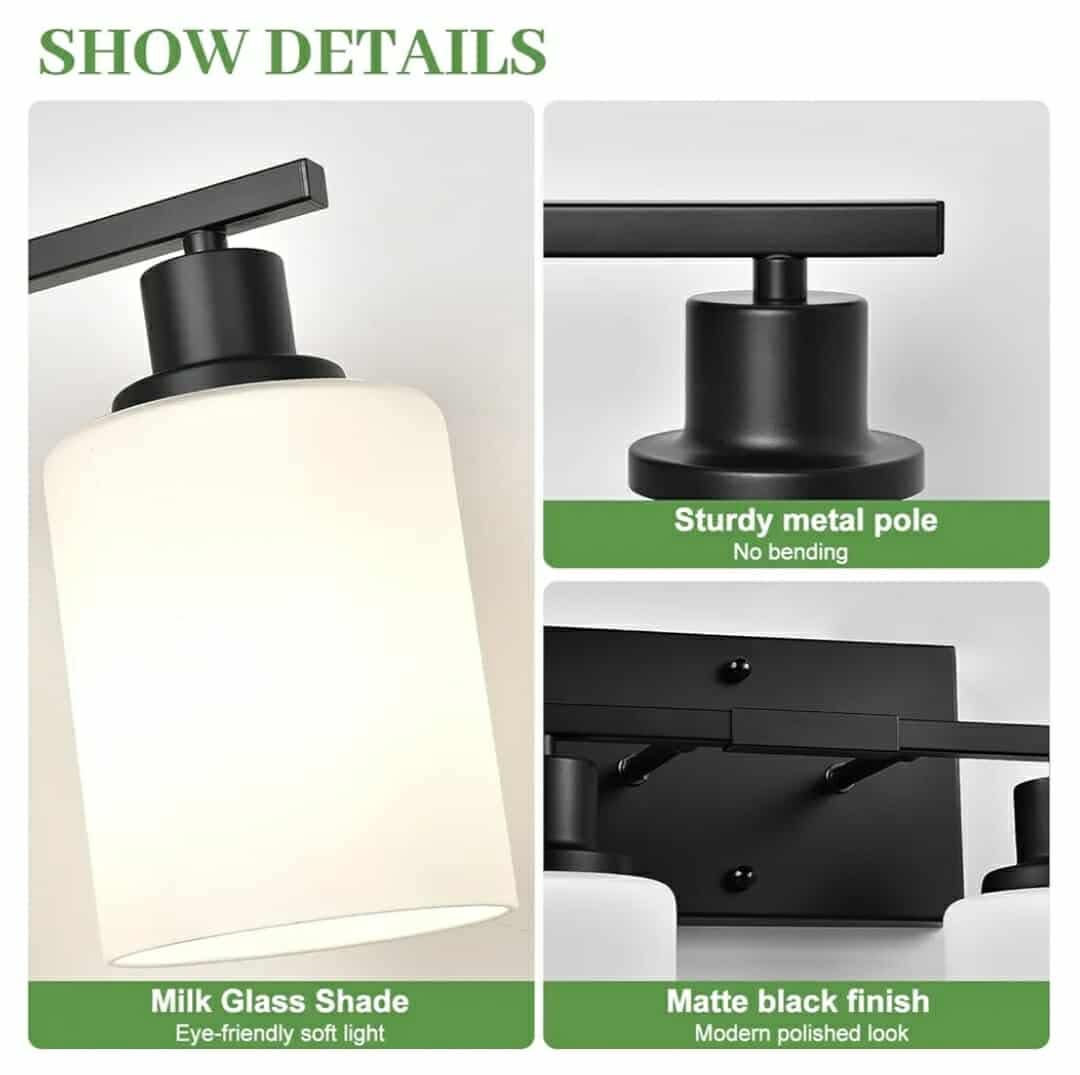 4-Light Bathroom Light Fixtures, Vanity Light with Milky White Shades, Matte Black - Image 4
