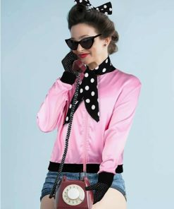 Alternative view of 1950s Pink Satin Jacket with Polka Dot Scarf Headband Earrings Glasses Halloween Cosplay Costume for Women, 5 Pieces, XL